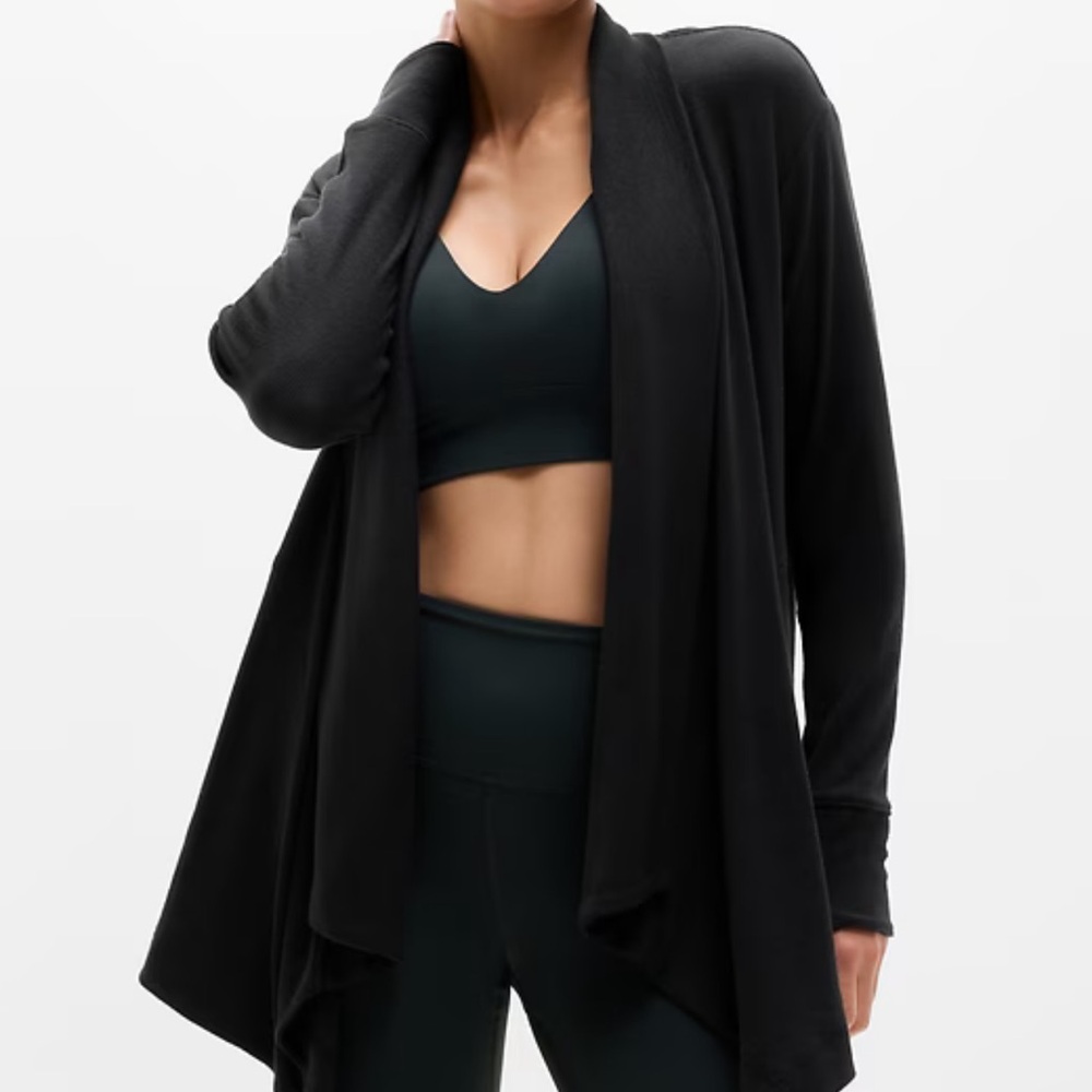 Athleta Pranayama Restore Wrap Cardigan Black Size XL Flawed Cozy Open Front